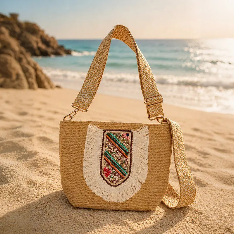 Embroidered Boho Straw Crossbody Bag Lines