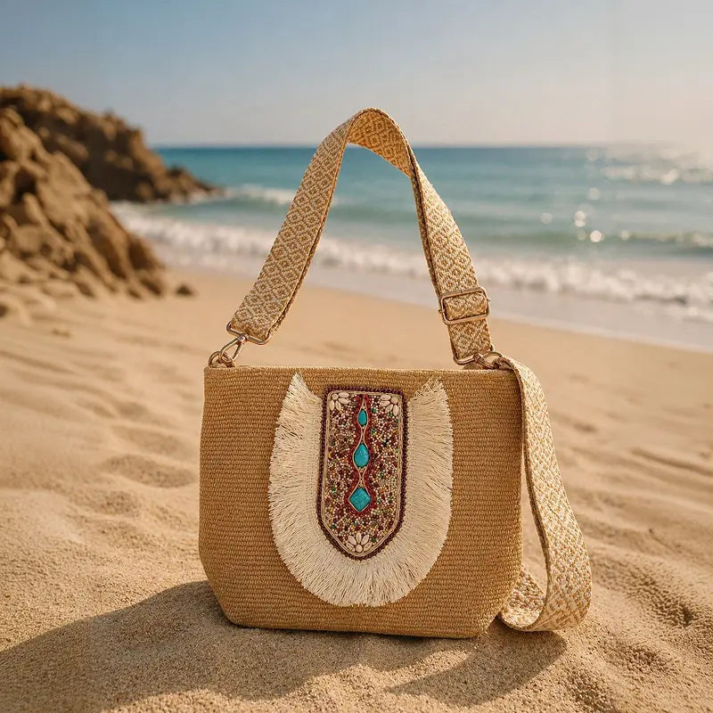 Embroidered Boho Straw Crossbody Bag Blue Beads