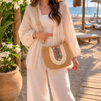 Embroidered Boho Straw Crossbody Bag Blue Beads