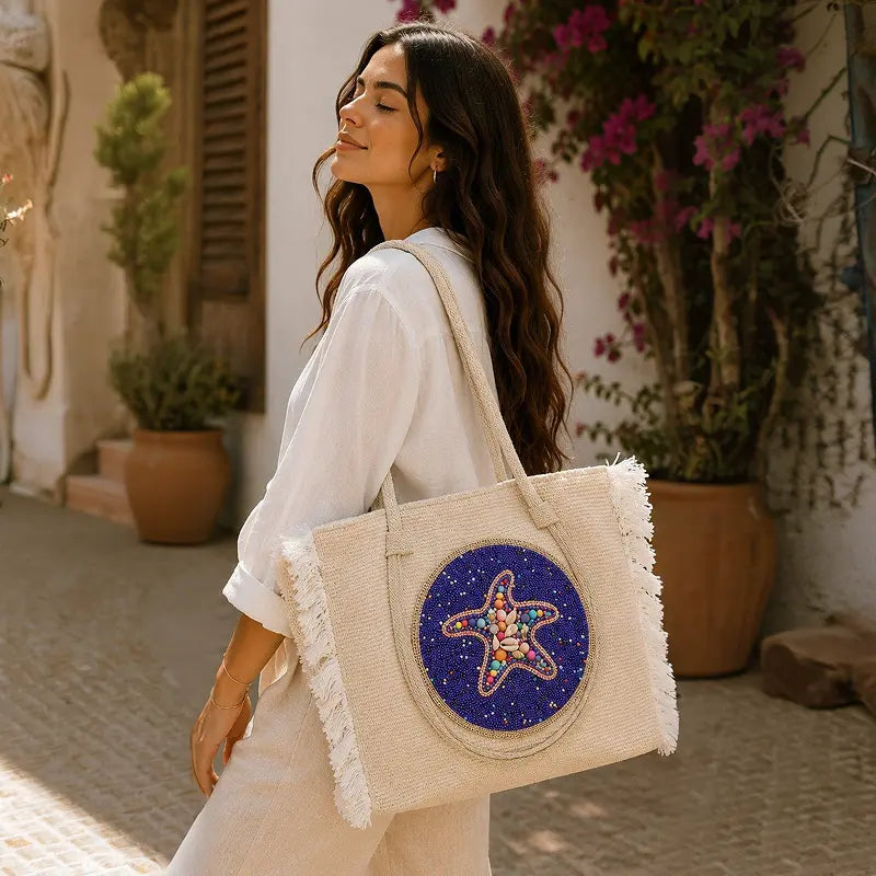 Embroidered Fringed Summer Tote Bag