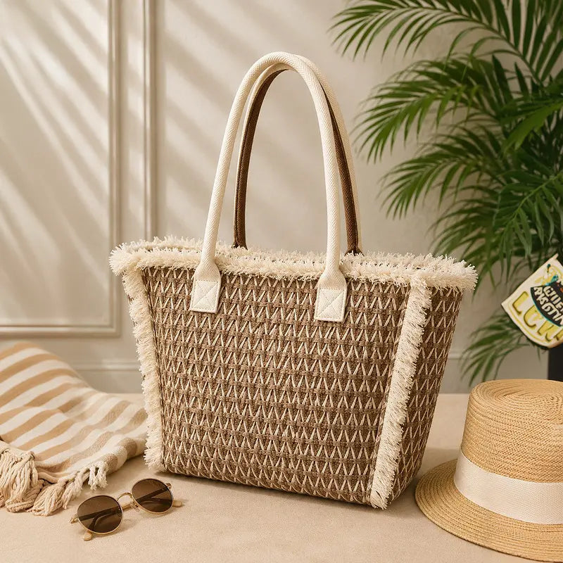 Fringed Woven Summer Tote Bag