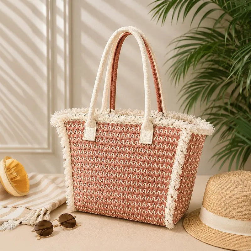 Fringed Woven Summer Tote Bag